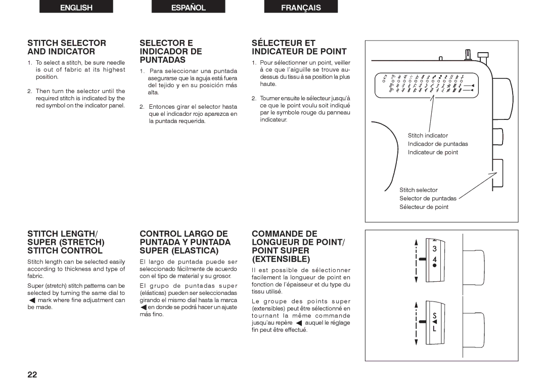 Singer 2639 Stitch Selector and Indicator, Stitch LENGTH/ Super Stretch Stitch Control, Selector E Indicador DE Puntadas 
