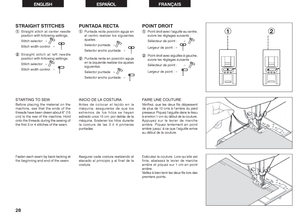 Singer 2639 instruction manual Straight Stitches, Puntada Recta, Point Droit 