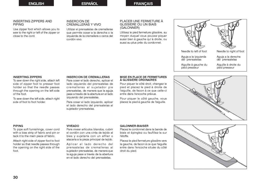 Singer 2639 instruction manual Inserting Zippers and Piping, Insercion DE Cremalleras Y Vivo 