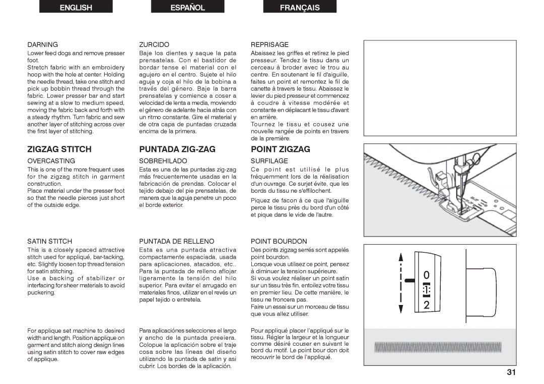Singer 2639 instruction manual Zigzag Stitch, Puntada ZIG-ZAG, Point Zigzag 