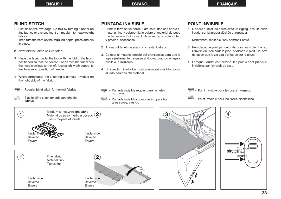 Singer 2639 instruction manual Blind Stitch, Puntada Invisible, Point Invisible 