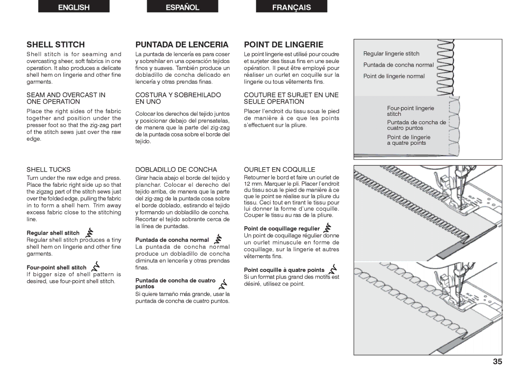 Singer 2639 instruction manual Shell Stitch, Puntada DE Lenceria, Point DE Lingerie 