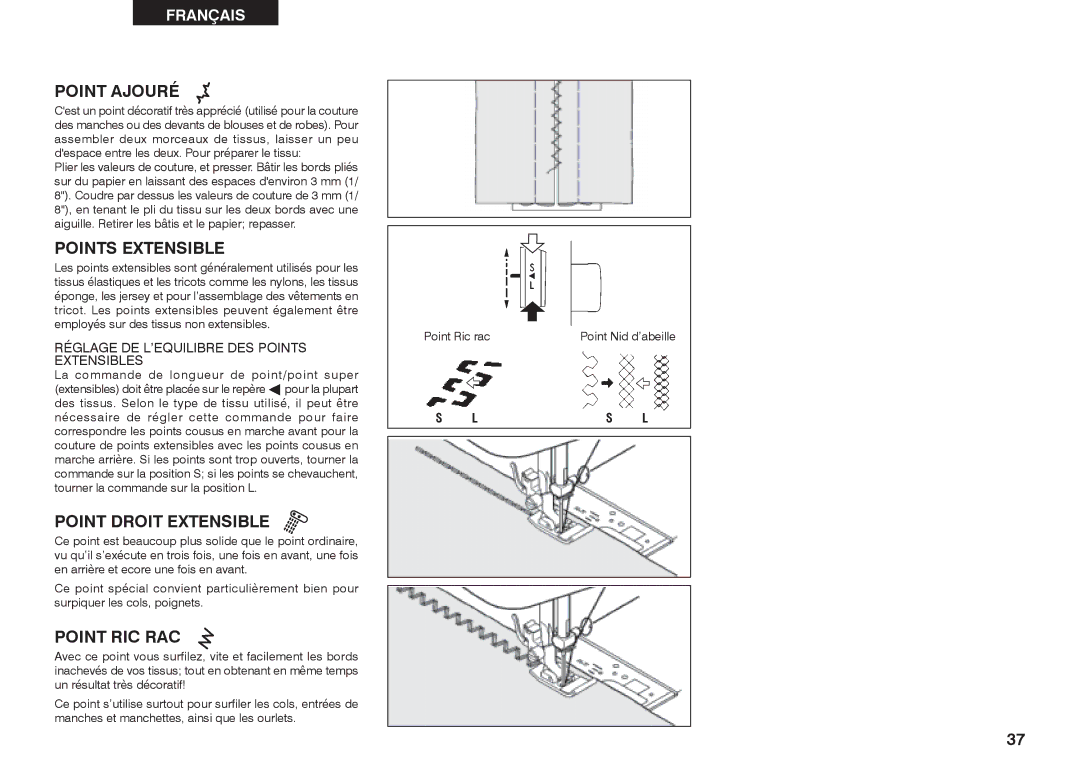 Singer 2639 instruction manual Point Ajouré, Points Extensible, Point Droit Extensible, Point RIC RAC 