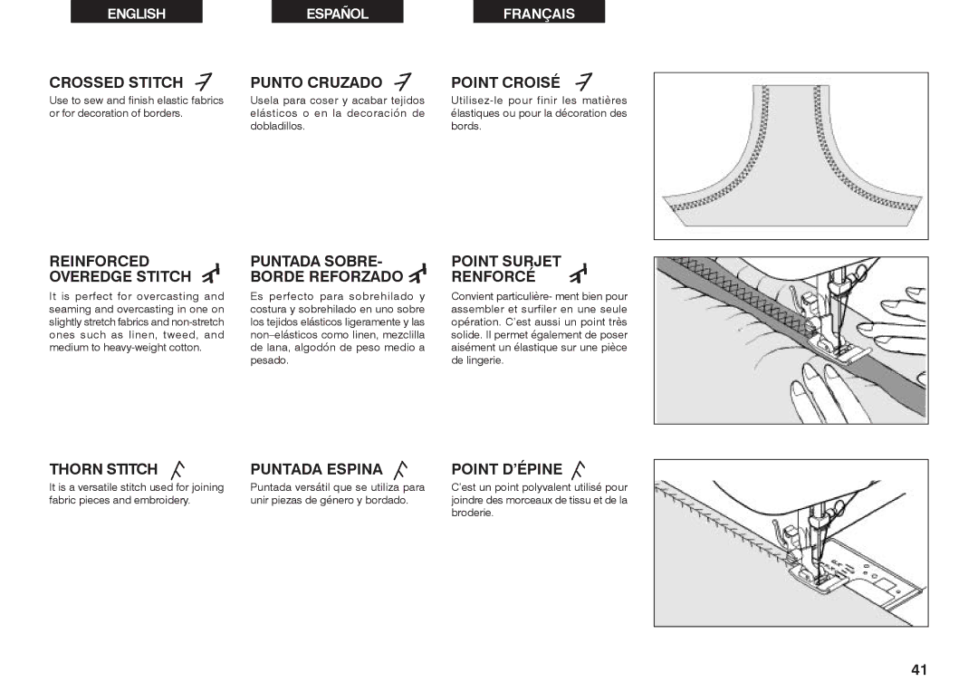 Singer 2639 Crossed Stitch, Reinforced Overedge Stitch, Thorn Stitch, Punto Cruzado, Puntada SOBRE- Borde Reforzado 