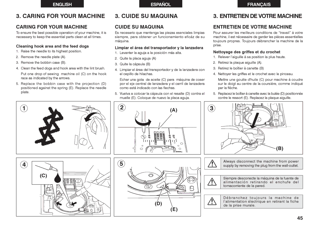 Singer 2639 instruction manual Caring for Your Machine, Cuide SU Maquina, Entretien DE Votre Machine 