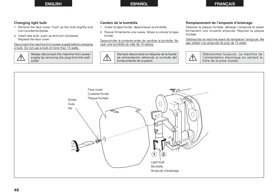 Singer 2639 instruction manual Changing light bulb 