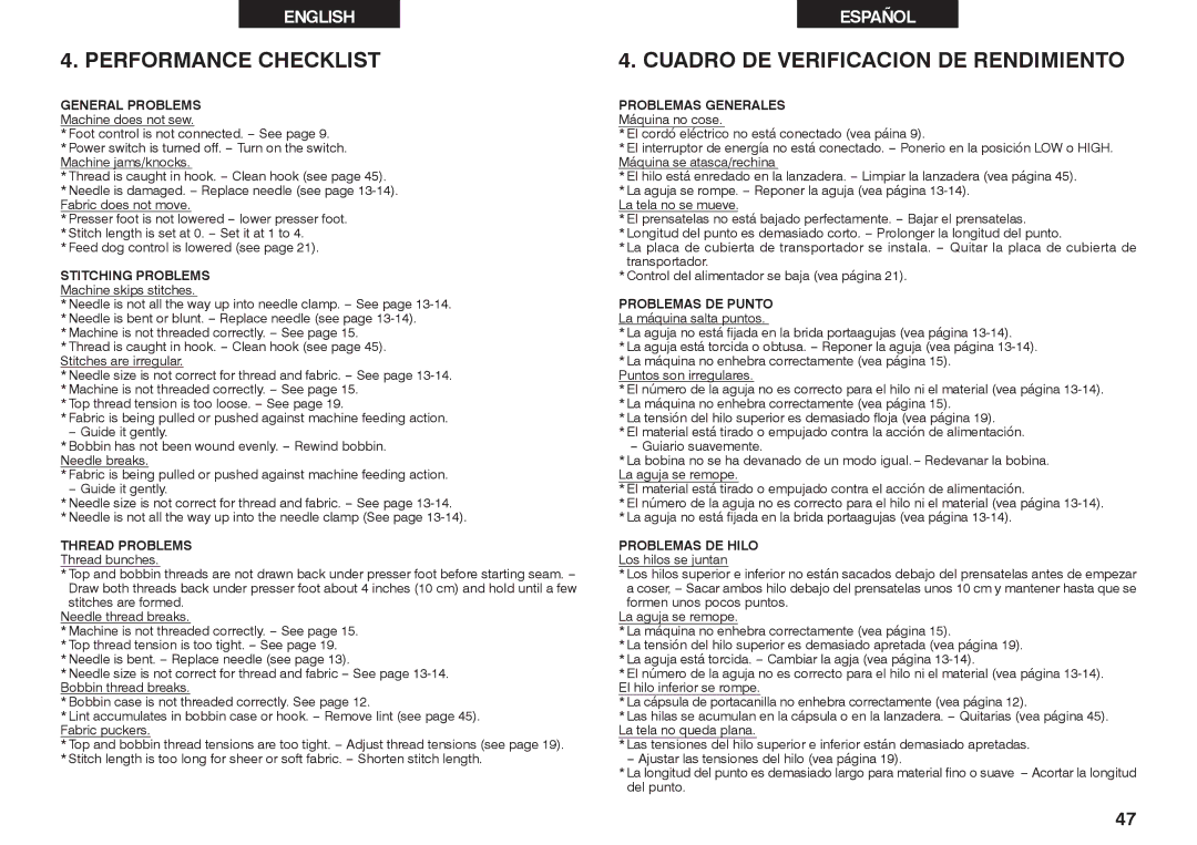 Singer 2639 instruction manual Performance Checklist, Cuadro DE Verificacion DE Rendimiento 