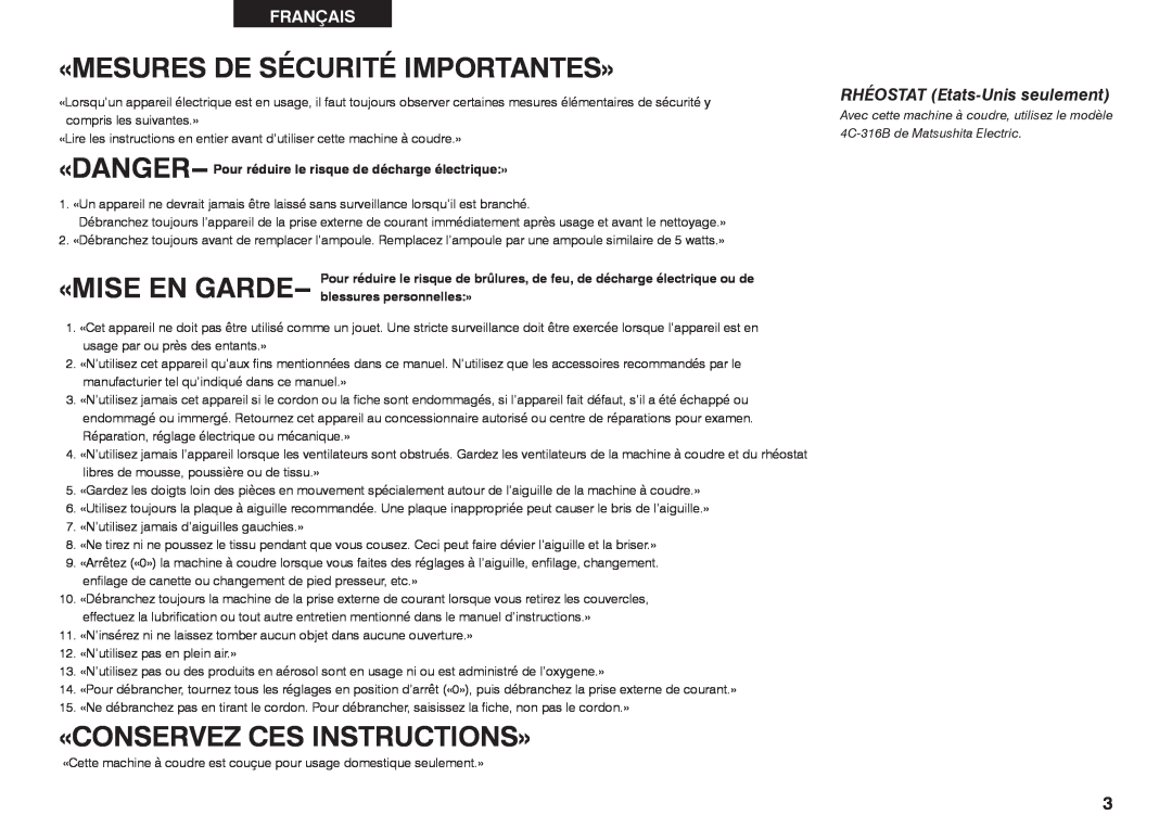 Singer 2639 «Mesures De Sécurité Importantes», «Conservez Ces Instructions», Français, RHÉOSTAT Etats-Unis seulement 