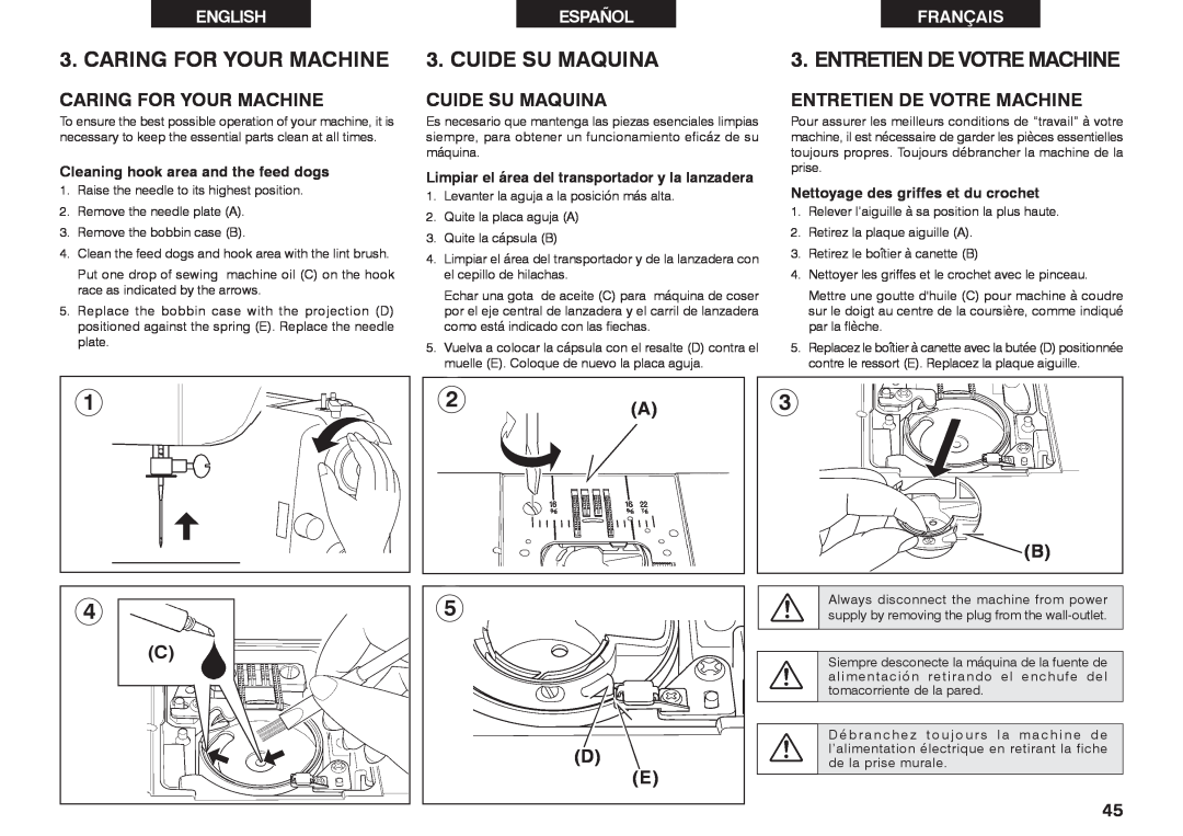 Singer 2639 Caring For Your Machine, Cuide Su Maquina, Entretien De Votre Machine, Cleaning hook area and the feed dogs 