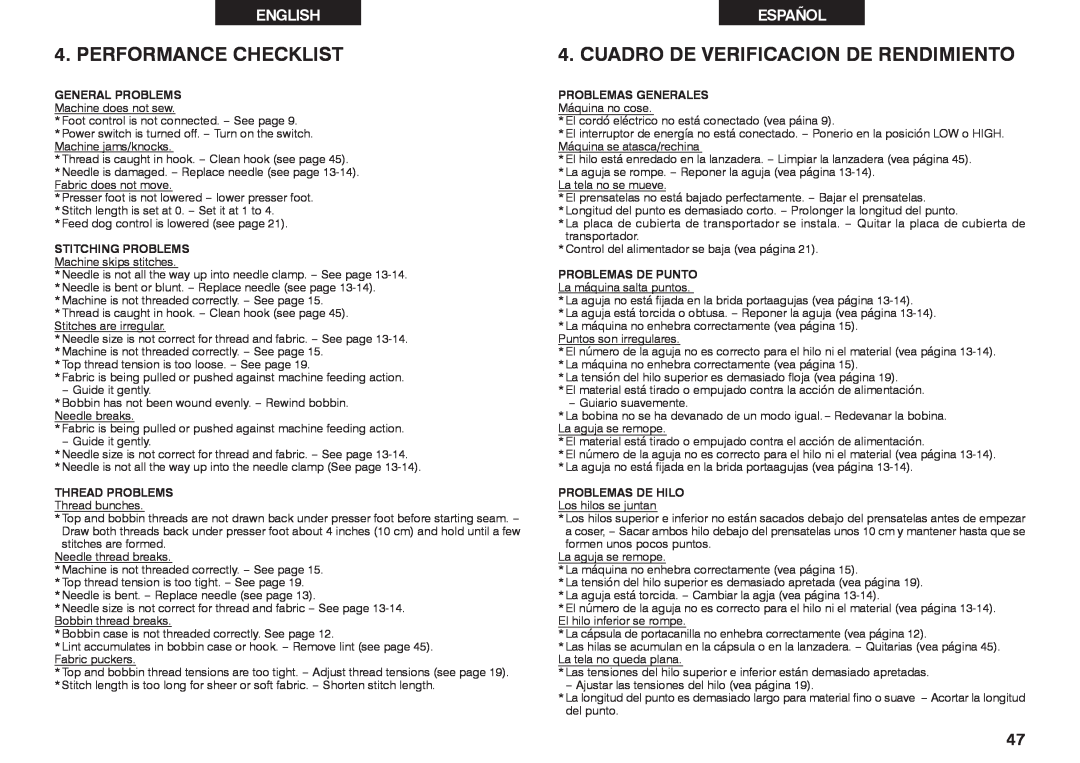 Singer 2639 Performance Checklist, Cuadro De Verificacion De Rendimiento, General Problems, Stitching Problems, English 