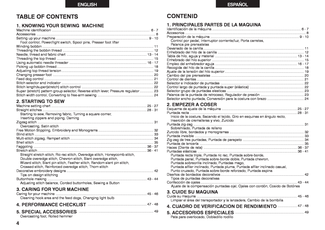 Singer 2639 Table Of Contents, Contenid, Knowing Your Sewing Machine, Starting To Sew, Caring For Your Machine, English 