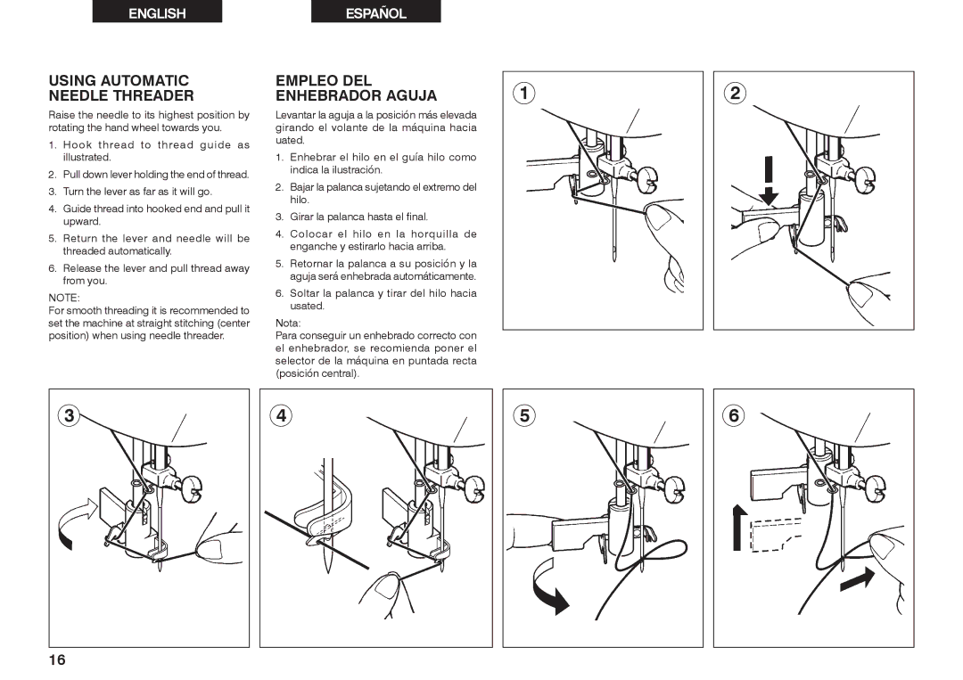 Singer 2662 instruction manual Using Automatic Needle Threader, Empleo DEL Enhebrador Aguja 