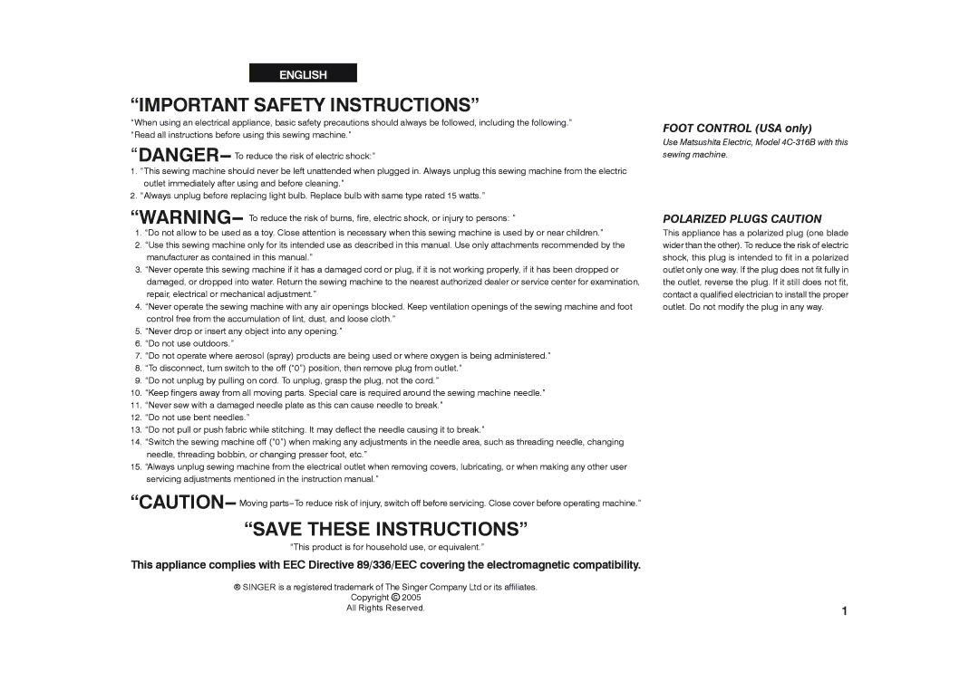 Singer 2662 instruction manual Important Safety Instructions 