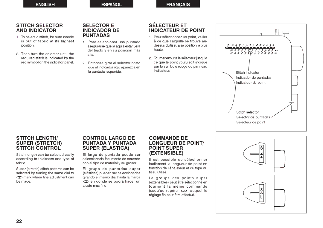 Singer 2662 Stitch Selector and Indicator, Stitch LENGTH/ Super Stretch Stitch Control, Selector E Indicador DE Puntadas 