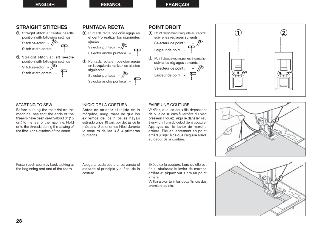 Singer 2662 instruction manual Straight Stitches, Puntada Recta, Point Droit 