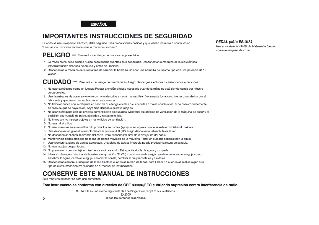 Singer 2662 instruction manual Importantes Instrucciones DE Seguridad 