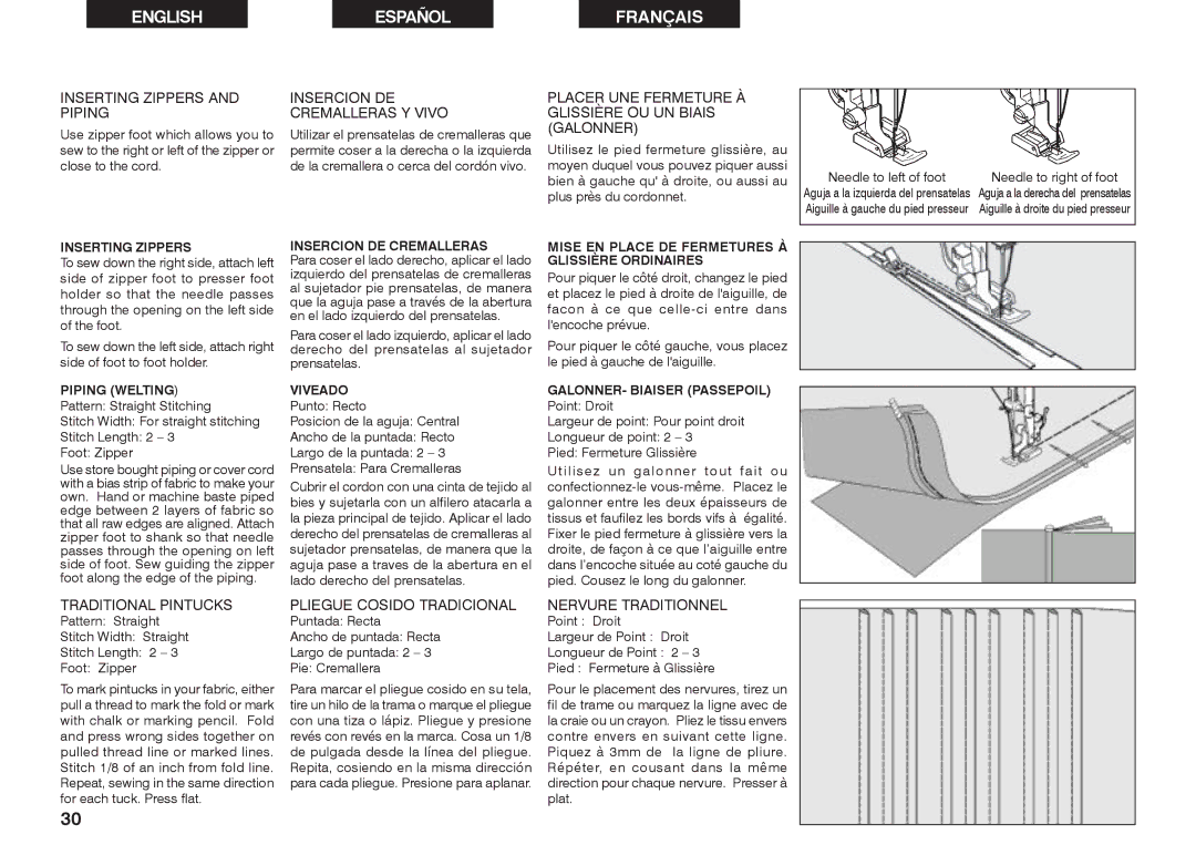 Singer 2662 instruction manual Inserting Zippers and Piping, Insercion DE Cremalleras Y Vivo, Traditional Pintucks 