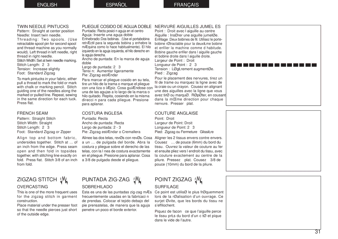 Singer 2662 instruction manual Zigzag Stitch, Puntada ZIG-ZAG, Point Zigzag 