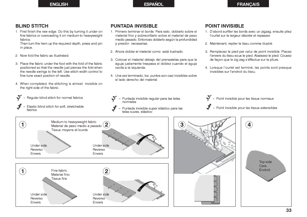 Singer 2662 instruction manual Blind Stitch, Puntada Invisible, Point Invisible 