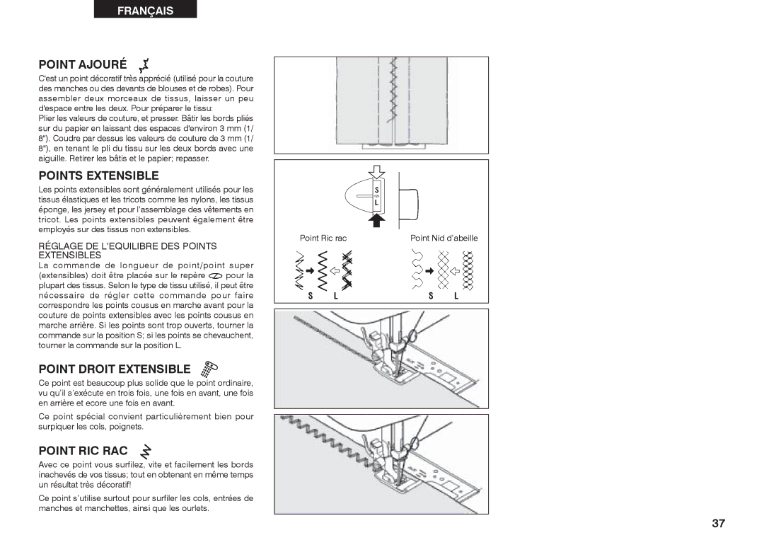 Singer 2662 instruction manual Point Ajouré, Points Extensible, Point Droit Extensible, Point RIC RAC 