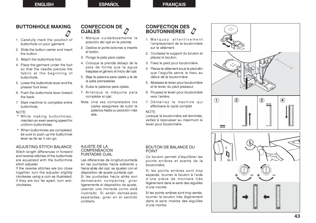 Singer 2662 instruction manual Buttonhole Making, Confeccion DE Ojales, Confection DES Boutonnières 