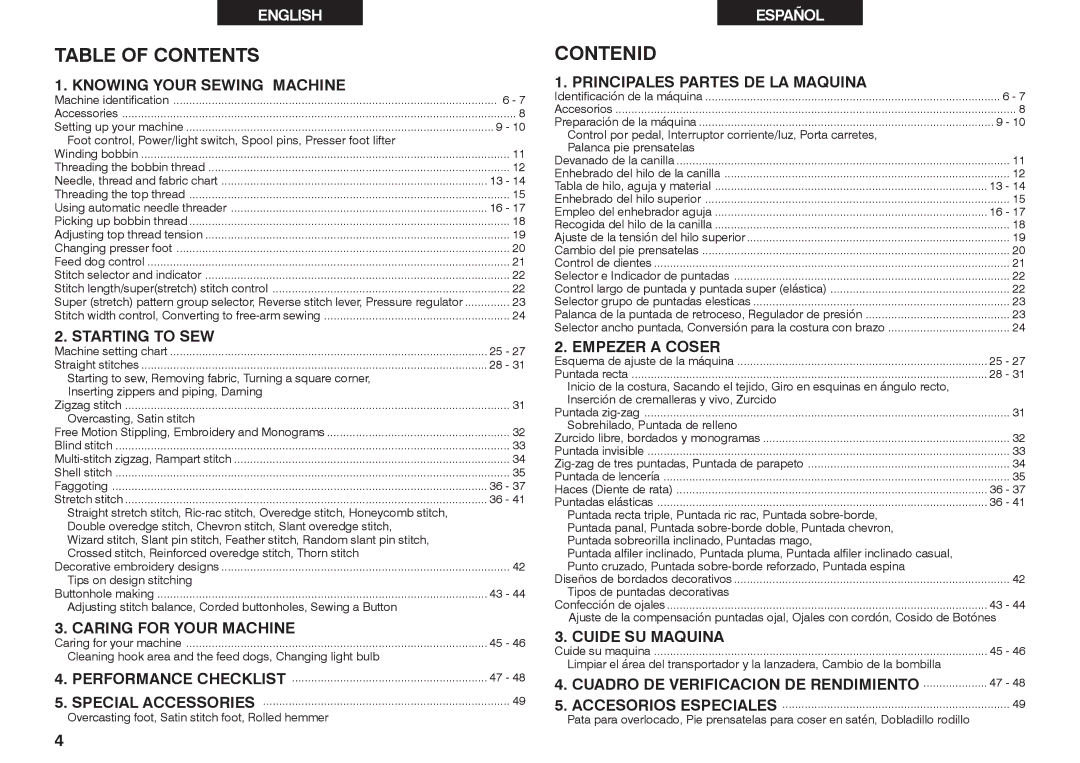 Singer 2662 instruction manual Table of Contents, Contenid 