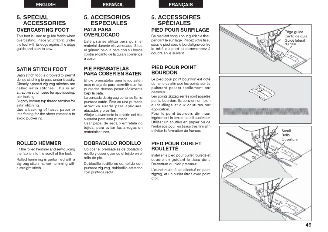 Singer 2662 instruction manual Special Accessories, Accesorios Especiales, Accessoires Spéciales 