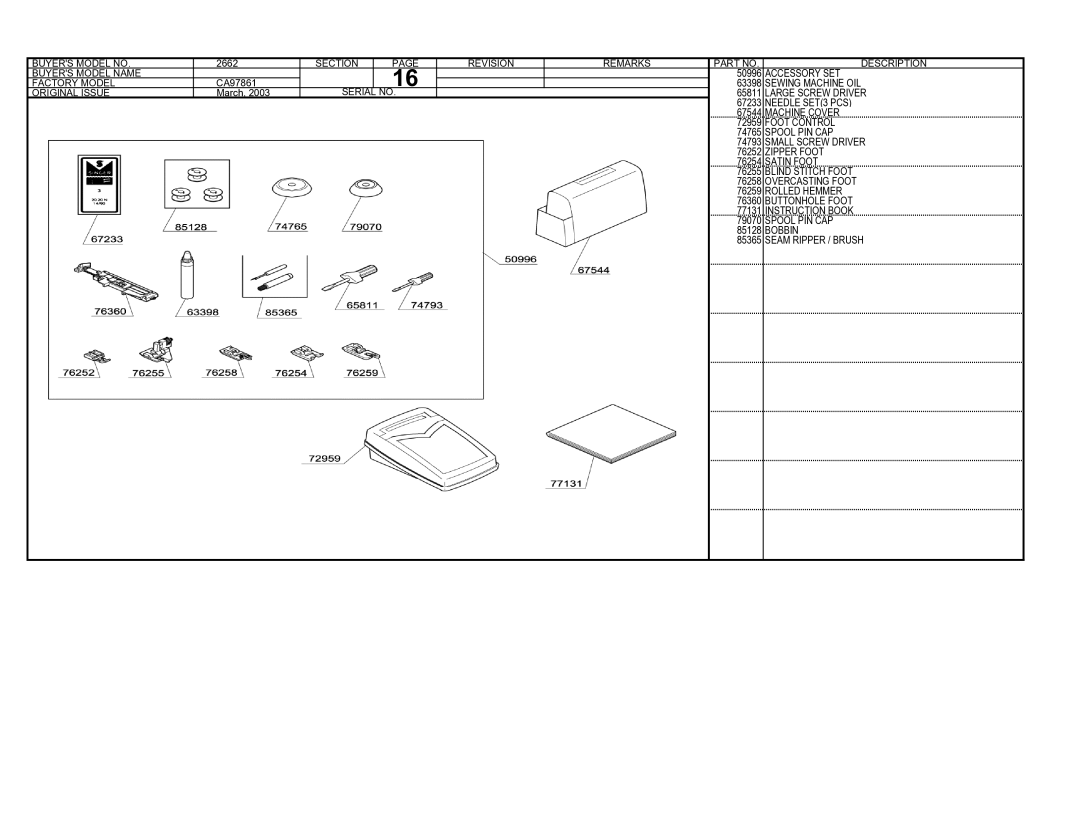 Singer 2662 manual Accessory SET 