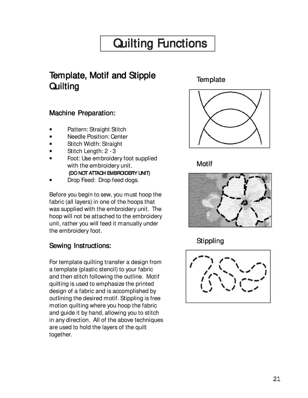 Singer 27 manual Quilting Functions, Template, Motif and Stipple Quilting 