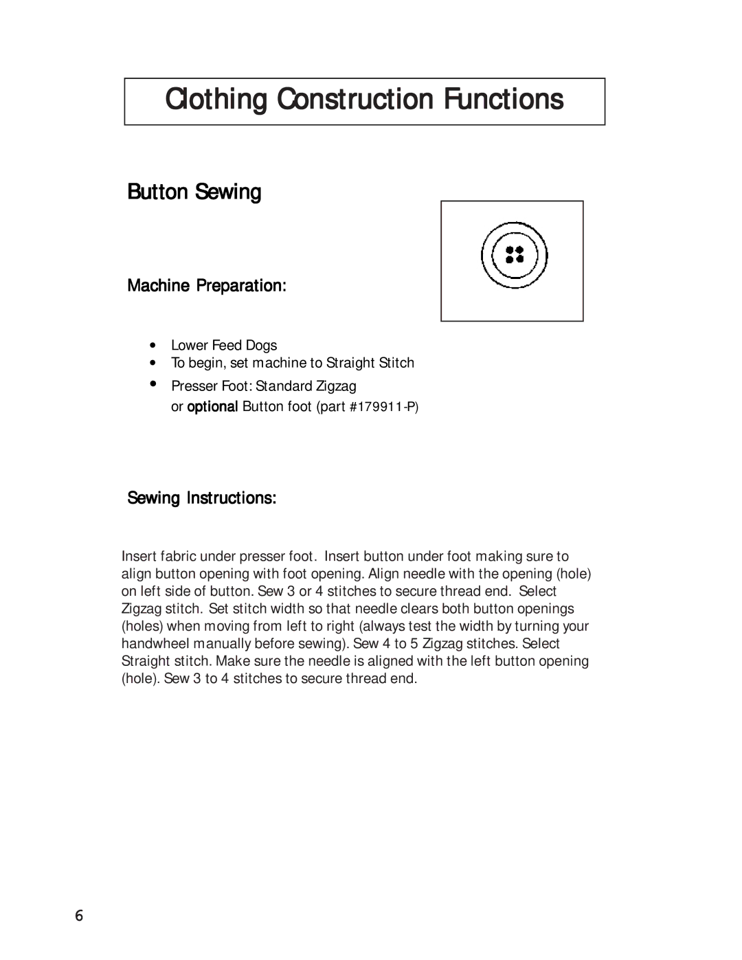 Singer 27 manual Clothing Construction Functions, Button Sewing 