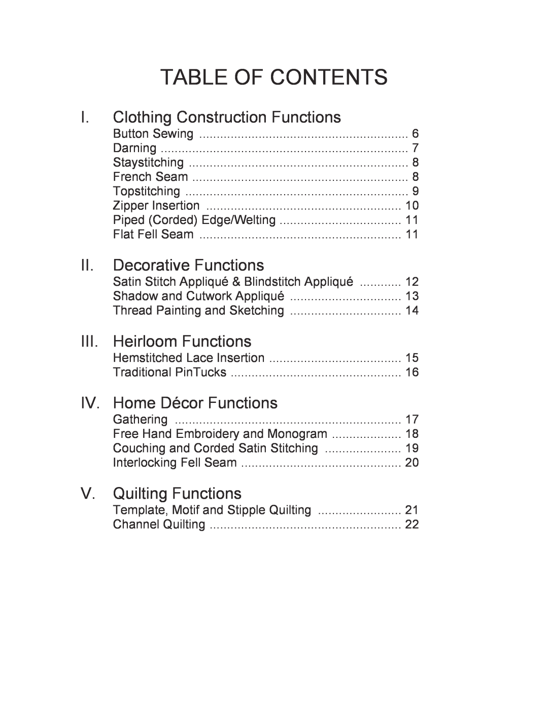 Singer 27 manual Table Of Contents, I. Clothing Construction Functions, Decorative Functions, Heirloom Functions 