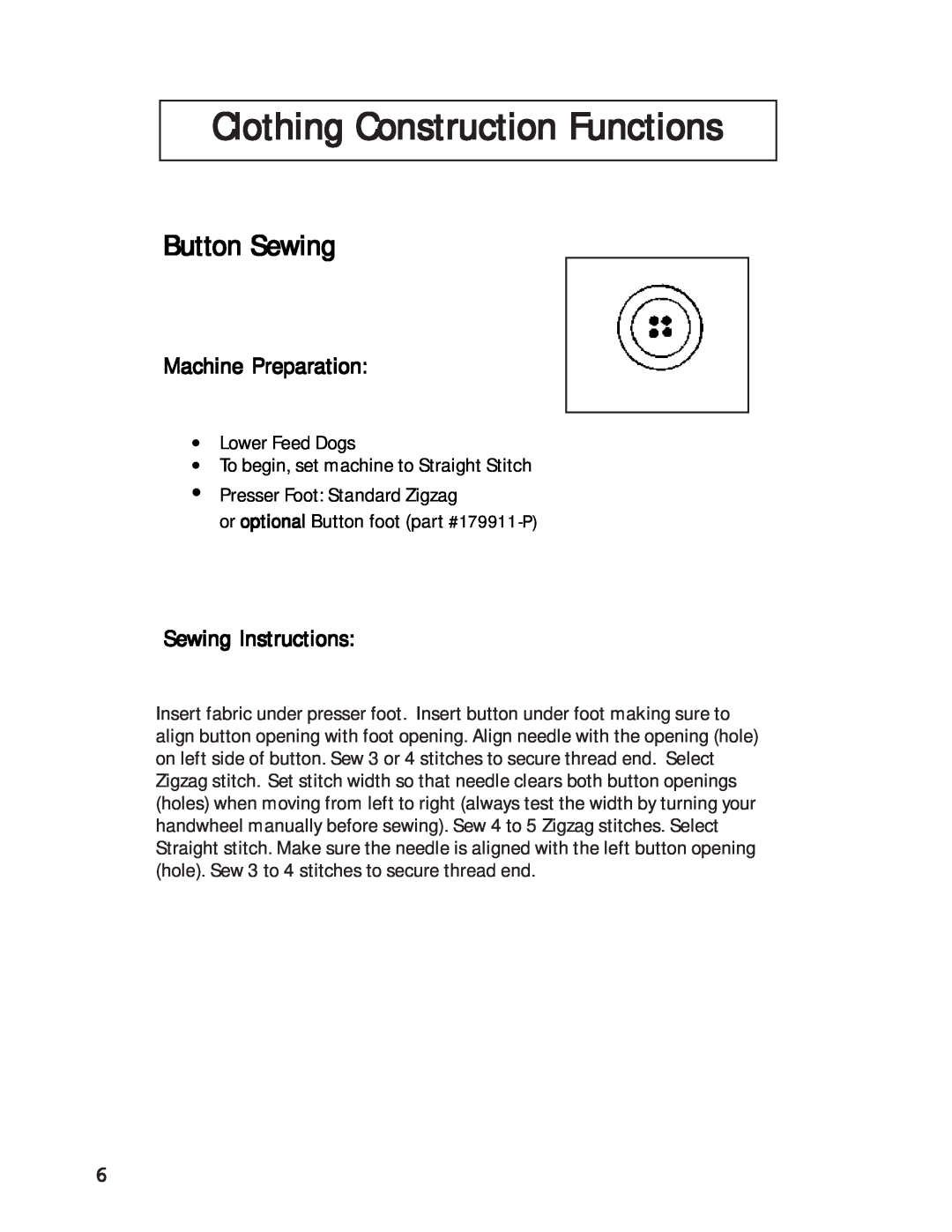 Singer 27 manual Clothing Construction Functions, Button Sewing, Machine Preparation, Sewing Instructions 