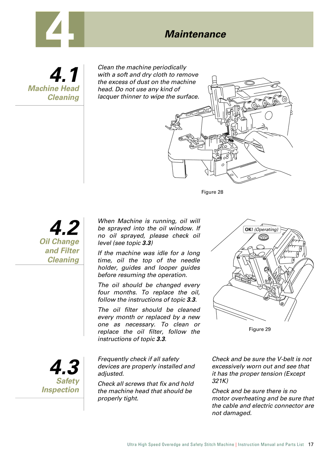 Singer 321K, 321D instruction manual Oil Change Filter Cleaning, Machine Head Cleaning, Safety Inspection 