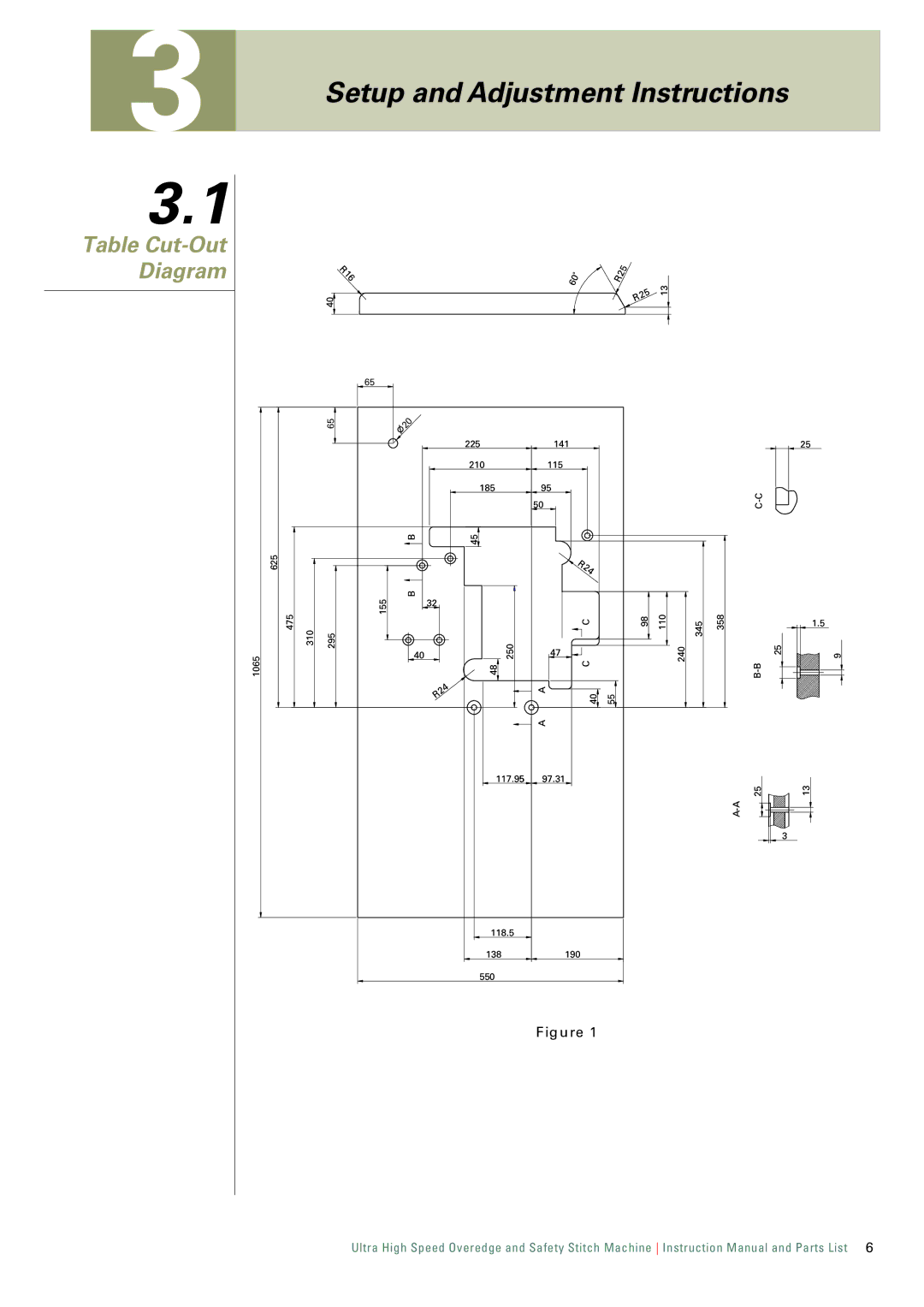 Singer 321D, 321K instruction manual Setup and Adjustment Instructions, Table Cut-Out Diagram 