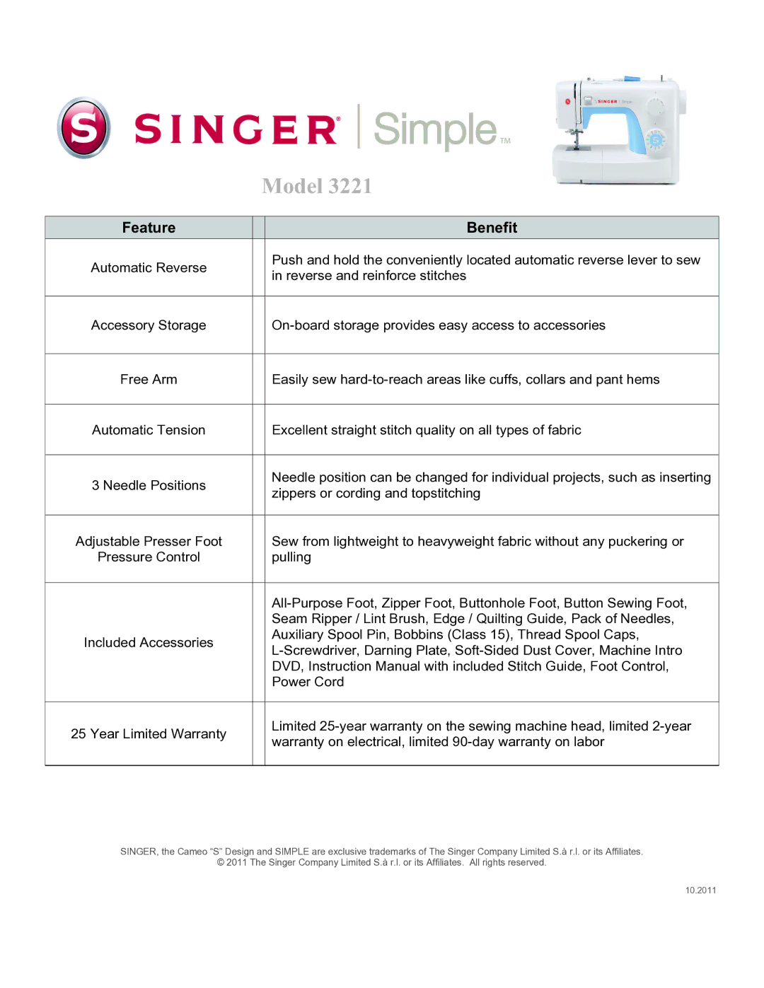 Singer 3221 quick start On-board storage provides easy access to accessories 