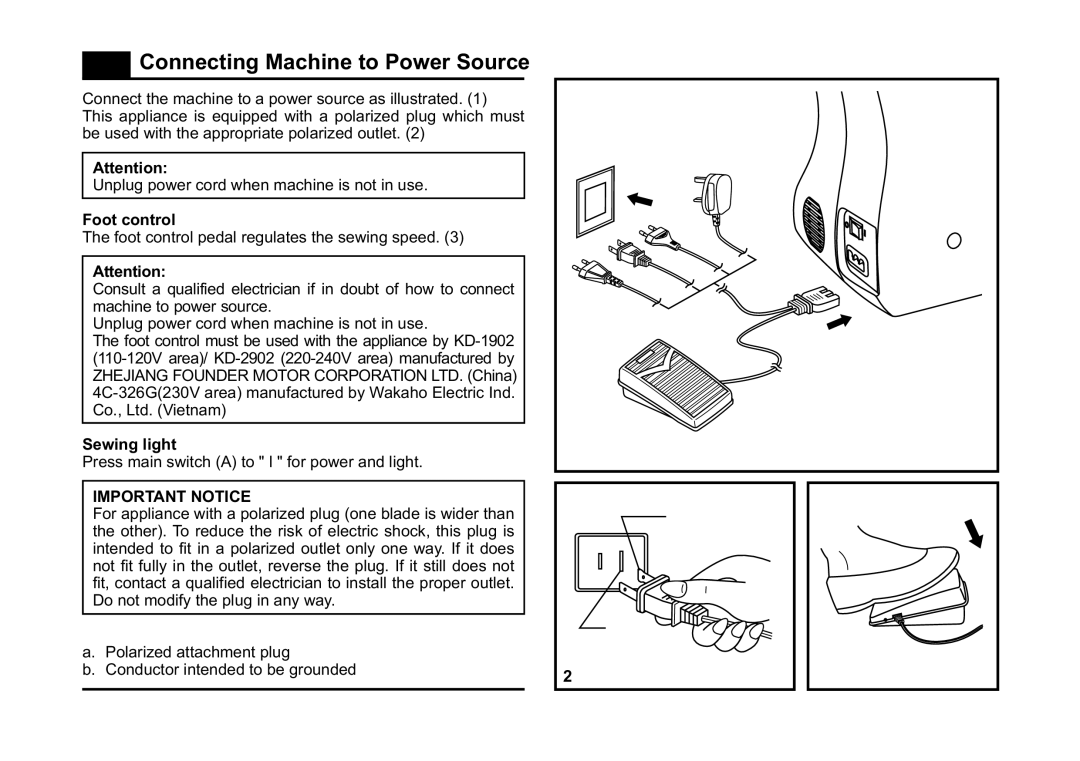 Singer 3323 instruction manual Connecting Machine to Power Source, Foot control, Sewing light 