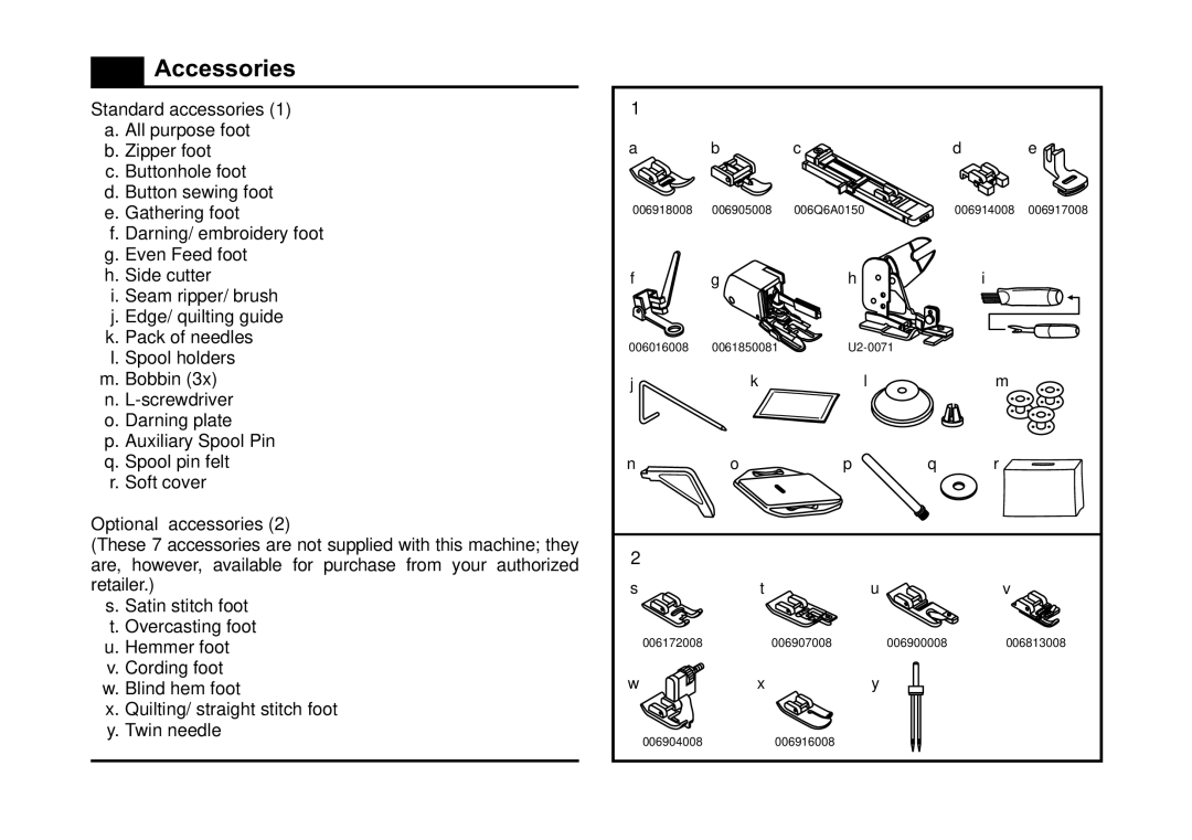 Singer 3323 instruction manual Accessories, Standard accessories 1 a. All purpose foot, Optional accessories 