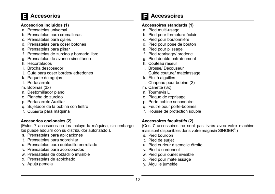 Singer 3323 instruction manual Accesorios, Accessoires 