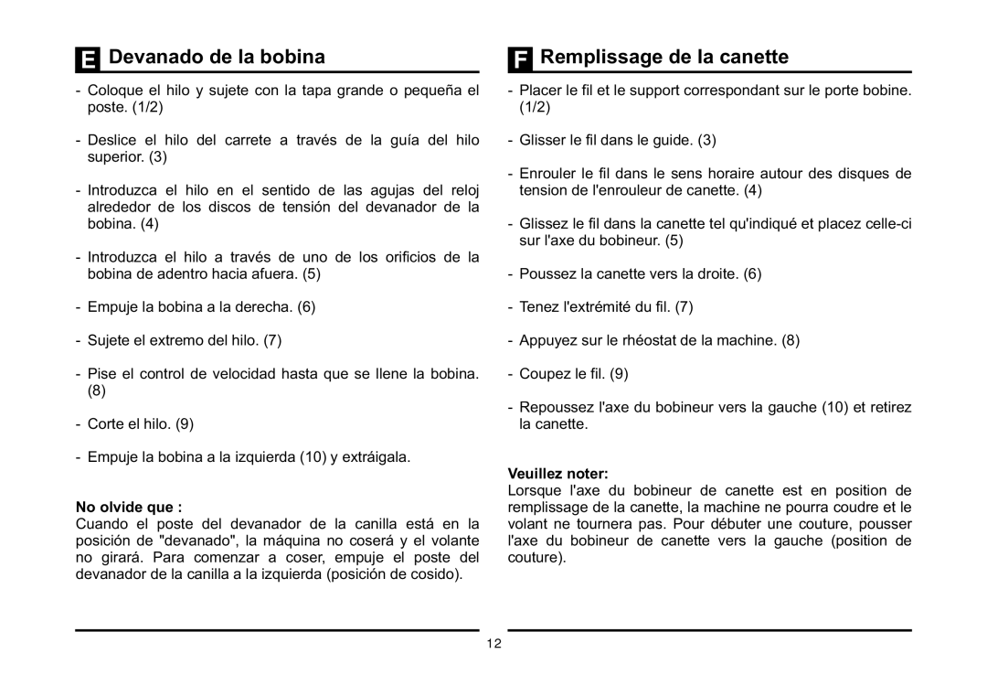 Singer 3323 instruction manual Devanado de la bobina, Remplissage de la canette, No olvide que, Veuillez noter 