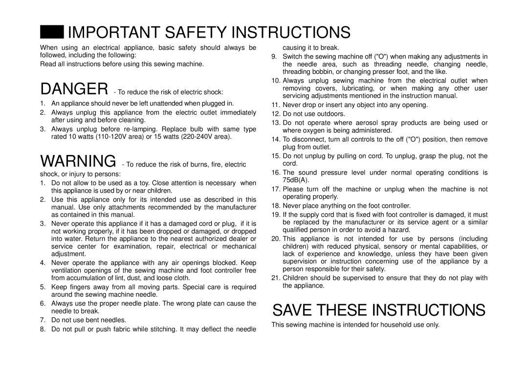 Singer 3323 instruction manual Important Safety Instructions 