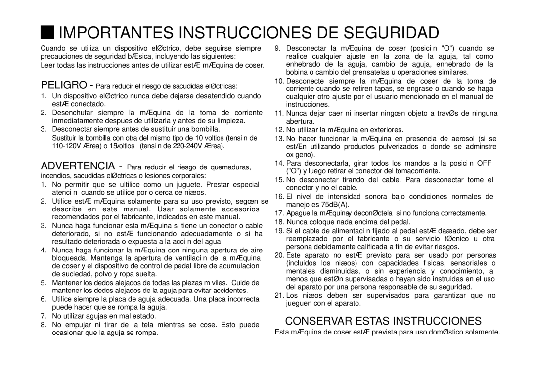 Singer 3323 Importantes Instrucciones DE Seguridad, Peligro Para reducir el riesgo de sacudidas eléctricas 