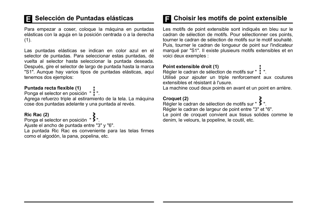 Singer 3323 Selección de Puntadas elásticas, Choisir les motifs de point extensible, Puntada recta flexible, Croquet 