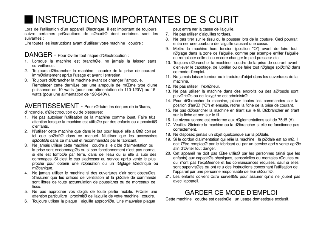 Singer 3323 instruction manual Instructions Importantes DE Sécurité 