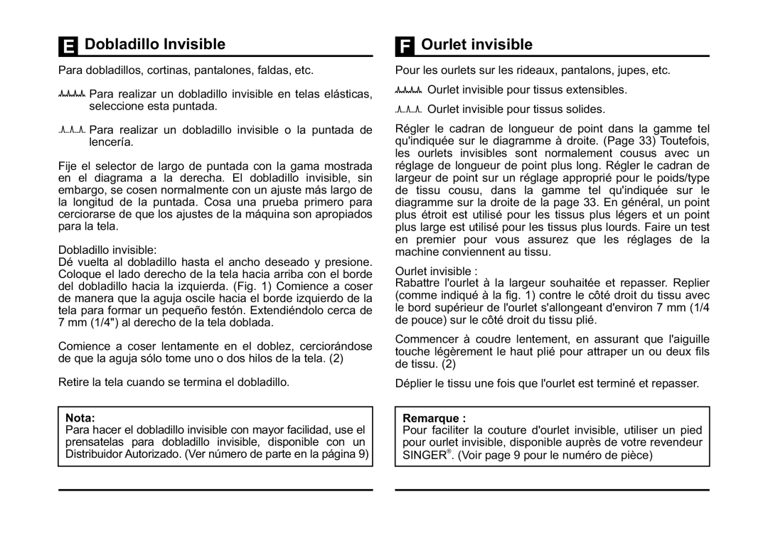 Singer 3323 instruction manual Dobladillo Invisible, Ourlet invisible, Remarque 