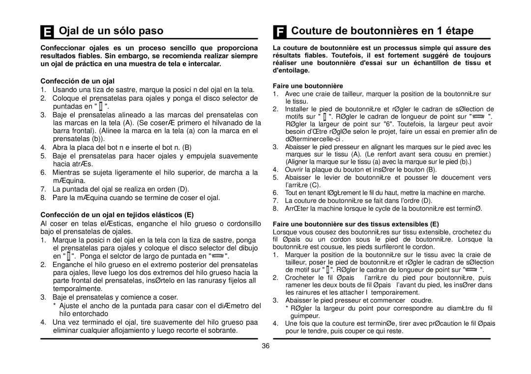 Singer 3323 instruction manual Ojal de un sólo paso, Couture de boutonnières en 1 étape, Confección de un ojal 