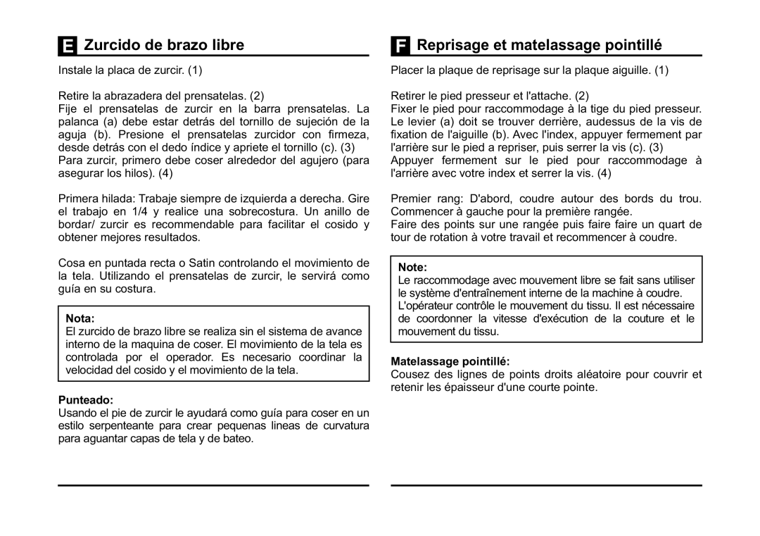 Singer 3323 instruction manual Zurcido de brazo libre, Reprisage et matelassage pointillé, Punteado, Matelassage pointillé 