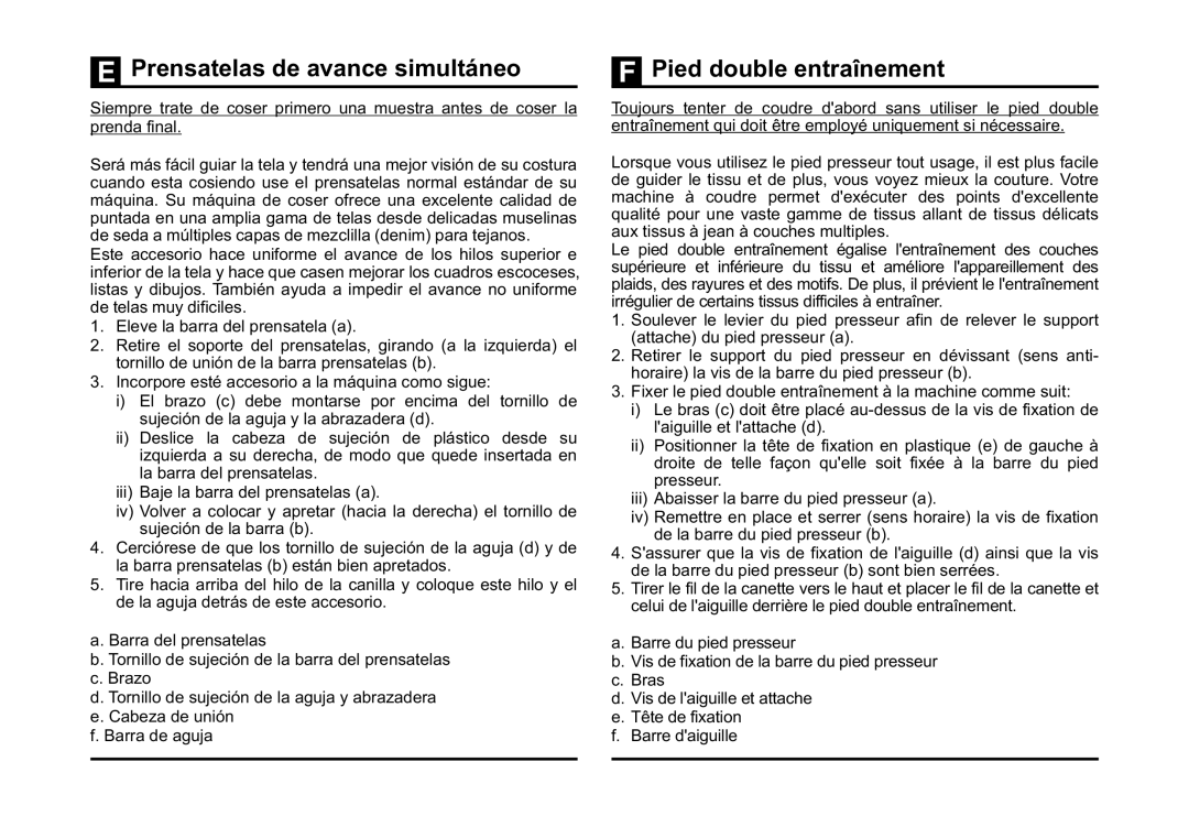 Singer 3323 instruction manual Prensatelas de avance simultáneo, Pied double entraînement 