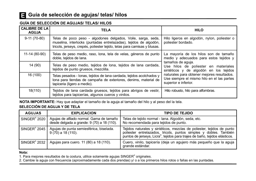 Singer 3323 instruction manual Guía de selección de agujas/ telas/ hilos, Nota 