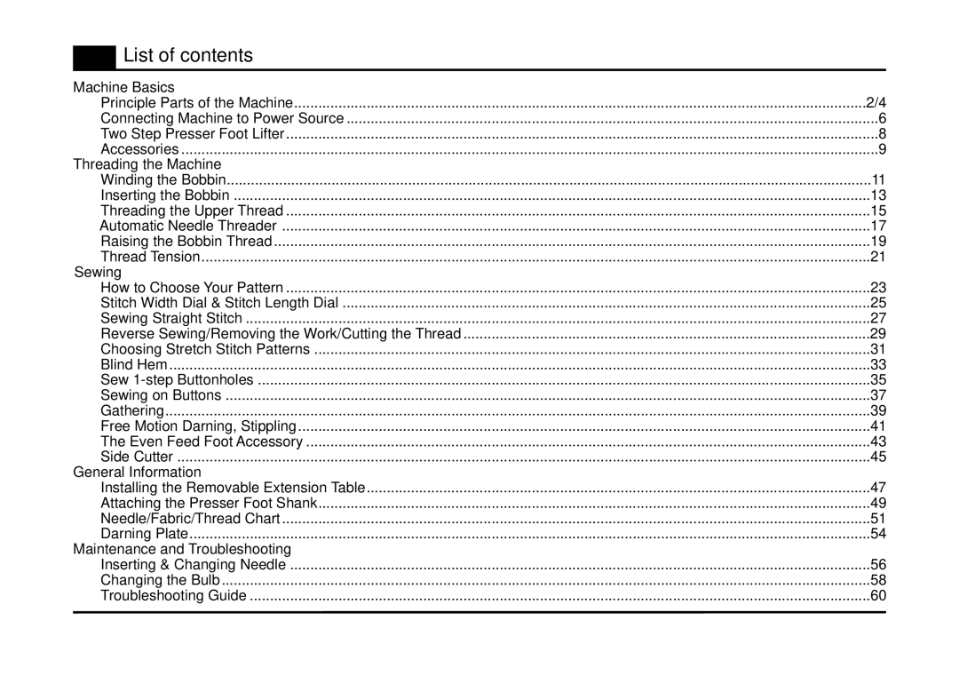 Singer 3323 instruction manual List of contents 