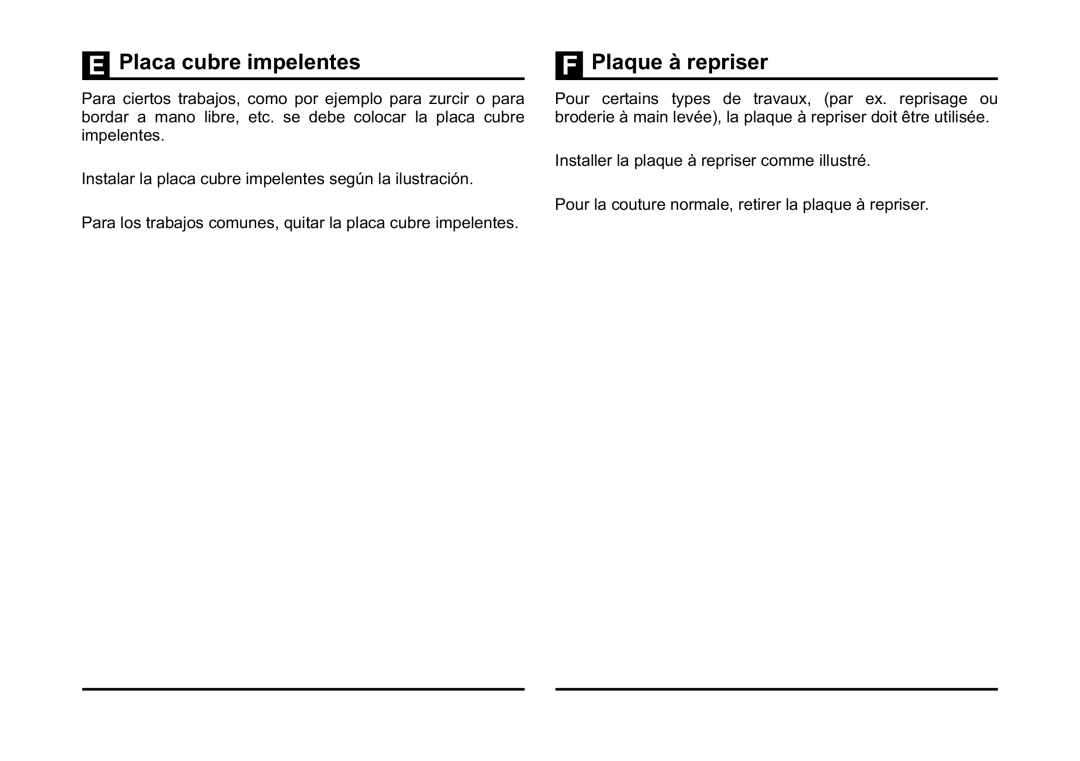 Singer 3323 instruction manual Placa cubre impelentes, Plaque à repriser 